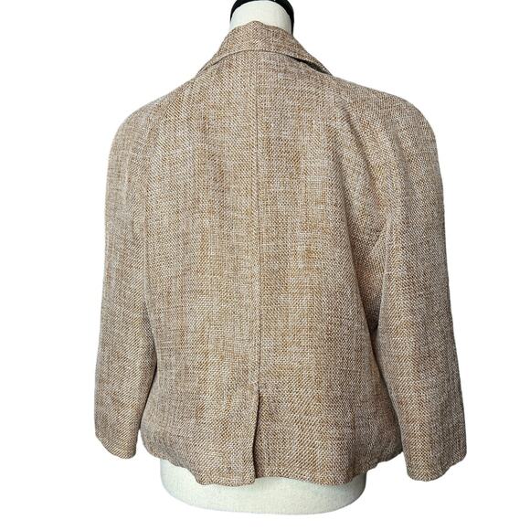Talbots Tan Tweed Linen Blend Open Front Jacket 3/4 Sleeve Front Pockets Size 10 - Picture 3 of 4